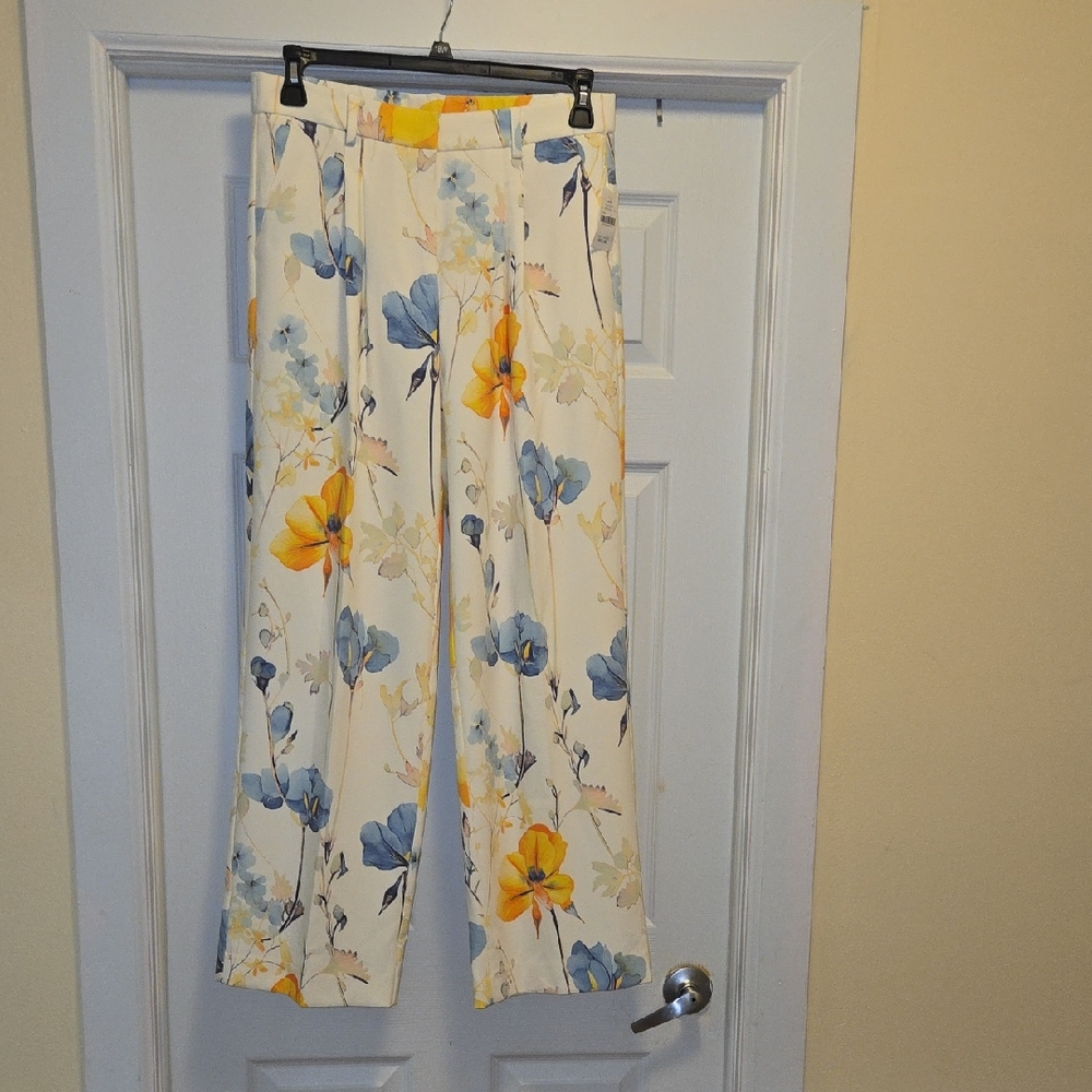 Zac & Rachel Wide Leg Pants with Floral Print in Cream, Blue, and Yellow NWT